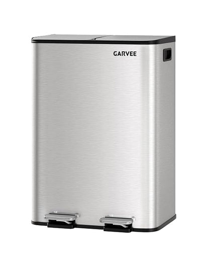 Garvee 2-in-1 Kitchen Trash and Recycle Combo, 30L (2 x 8 Gal) Stainless Steel Step Trash Can with Soft-Close Lid, Dual Compartment Garbage Bin for Kitchen