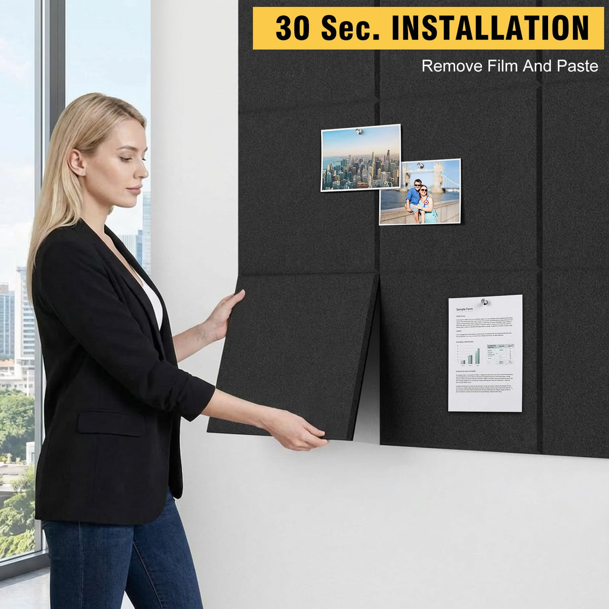Large Cork Bulletin Board Wall - 48" x 36" Felt Pin Board TSJ OFFICE 12 Pack Tiles Set with 50 Pushpins & Safe Removable Adhesive Tabs, Corkboard for Office Home Office Decor Classroom Display - Black