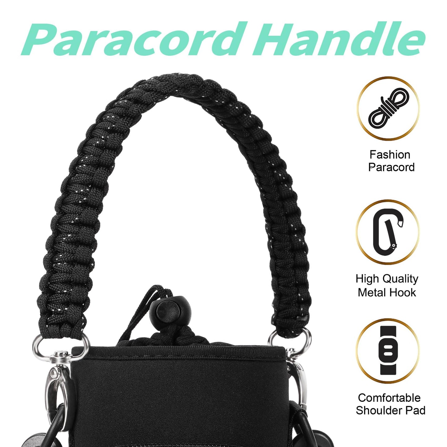 AceTreker 32 oz 40 oz Water Bottle Carrier, Neoprene Water Bottle Holder with Strap & Paracord Handle, Sport Bottle Sleeve Sling Bag with 4 Pocket for Travelling, Walking, Camping-Black