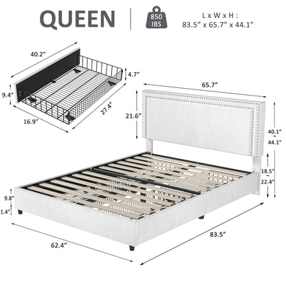 VECELO Queen Size Upholstered Platform Bed Frame with 4 Storage Drawers, Adjustable Velvet Rivets Headboard, Wooden Slats Support, No Box Spring Needed, Easy Assembly