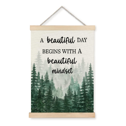 Mindset Framed Canvas Wall Art - A Beautiful Day Begins with a Beautiful Mindset Hanging Canvas Wall Decor for Bedroom Office, Nature Forest Mountain Positive Hanging Poster, Inspirational Gifts for Women