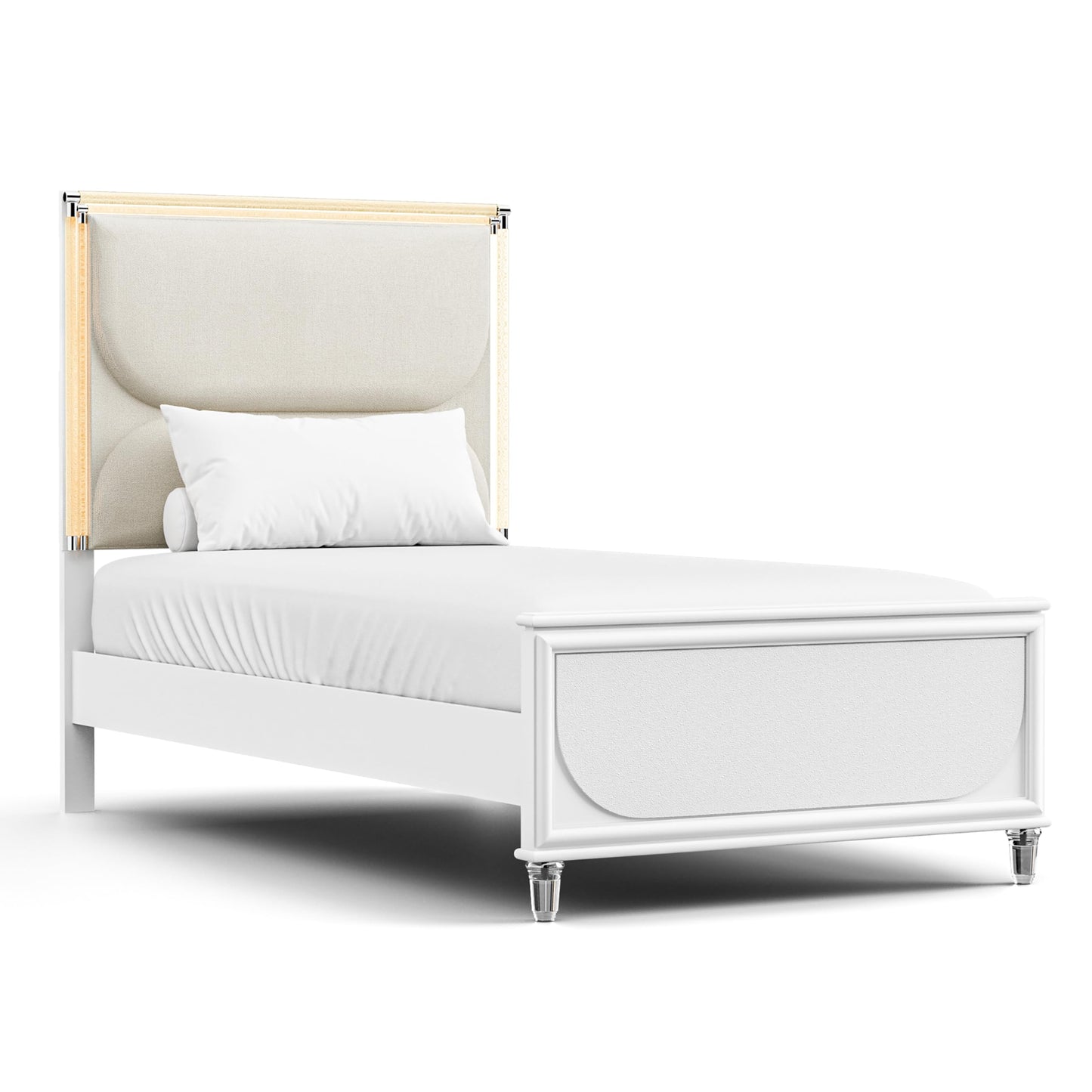 Furniture of America Leila Modern Wood 5-Piece Kids Bedroom Set with LED on Headboard and Mirror, Embossed Panels, Hidden Jewelry Tray, Felt-Lined, No Box Spring Needed, Twin, Pearl White