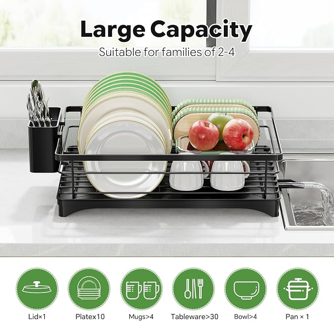 Simple Trending Dish Drying Rack, Space-Saving Dish Rack for Kitchen Counter, Stainless Steel Dish Drainer with Cutlery Holder and Drainboard, 12''W x 17''L, Black
