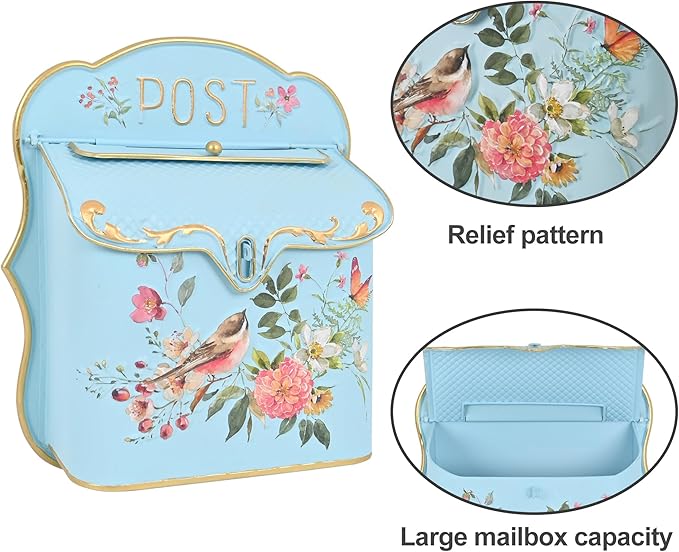 Vintage Wall Mount Mailbox for House Outside Metal Decorative Door Mailbox Antique Style Nostalgic Charm Home Decor Garden Vintage English Cottage for Home Garden House Farmhouse Porch Decor (Blue)