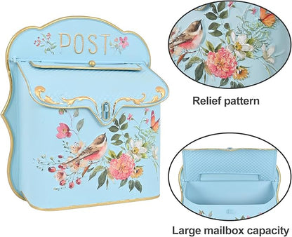 Vintage Wall Mount Mailbox for House Outside Metal Decorative Door Mailbox Antique Style Nostalgic Charm Home Decor Garden Vintage English Cottage for Home Garden House Farmhouse Porch Decor (Blue)