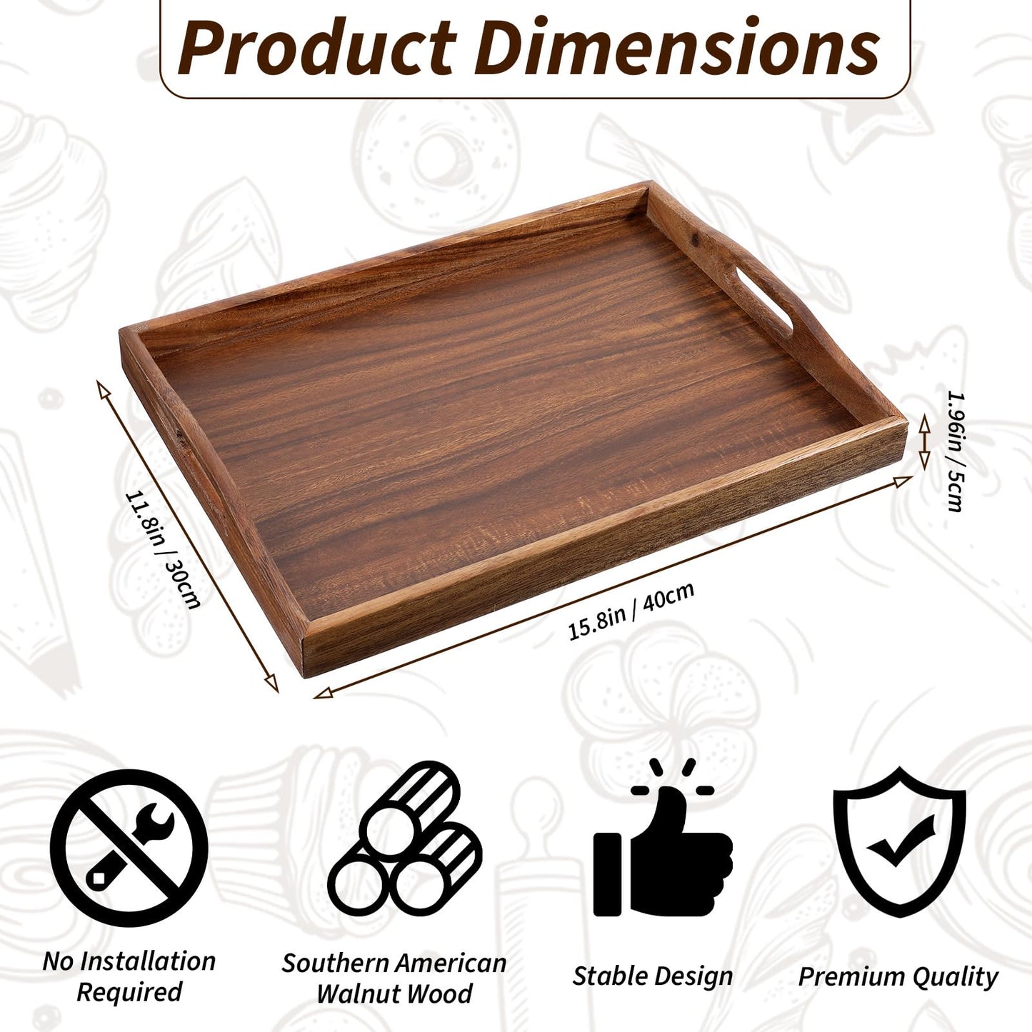 1Pack Walnut Tray, 15.7inch Nature Walnut Wooden Serving Tray with Handles Rectangle Coffee Table Trays for Living Room, Wood Trays for Ottoman Wood Food for Coffee, Breakfast, Dinner-40x30cm
