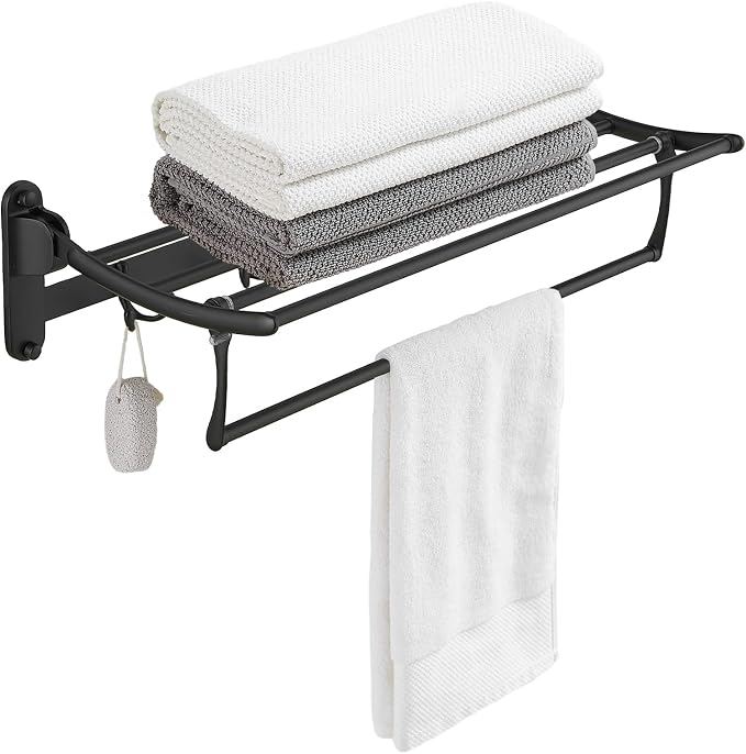 BESy 24 Inch Matte Black Towel Racks, Bathroom Towel Shelf with Foldable Towel Bar Holder and Towel Hooks, Wall Mounted Multifunctional Bathroom Accessories, Double Towel Bars