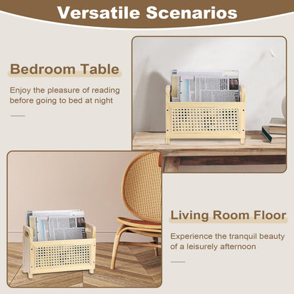 BTSKY Wooden Magazine Rack with Built-in-Handle, Desktop Magazine Holder Modern Rattan Hollow-out Design Mail Organizer, Assembly File Holder Letter Holder Floor Rack for Home & Office, Natural