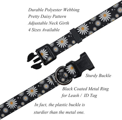 Dog Collar Leash Set, Floral Pattern, Polyester Material, Adjustable Collar and 5ft Matching Leash, for Small Dogs.(S, Black Daisy)
