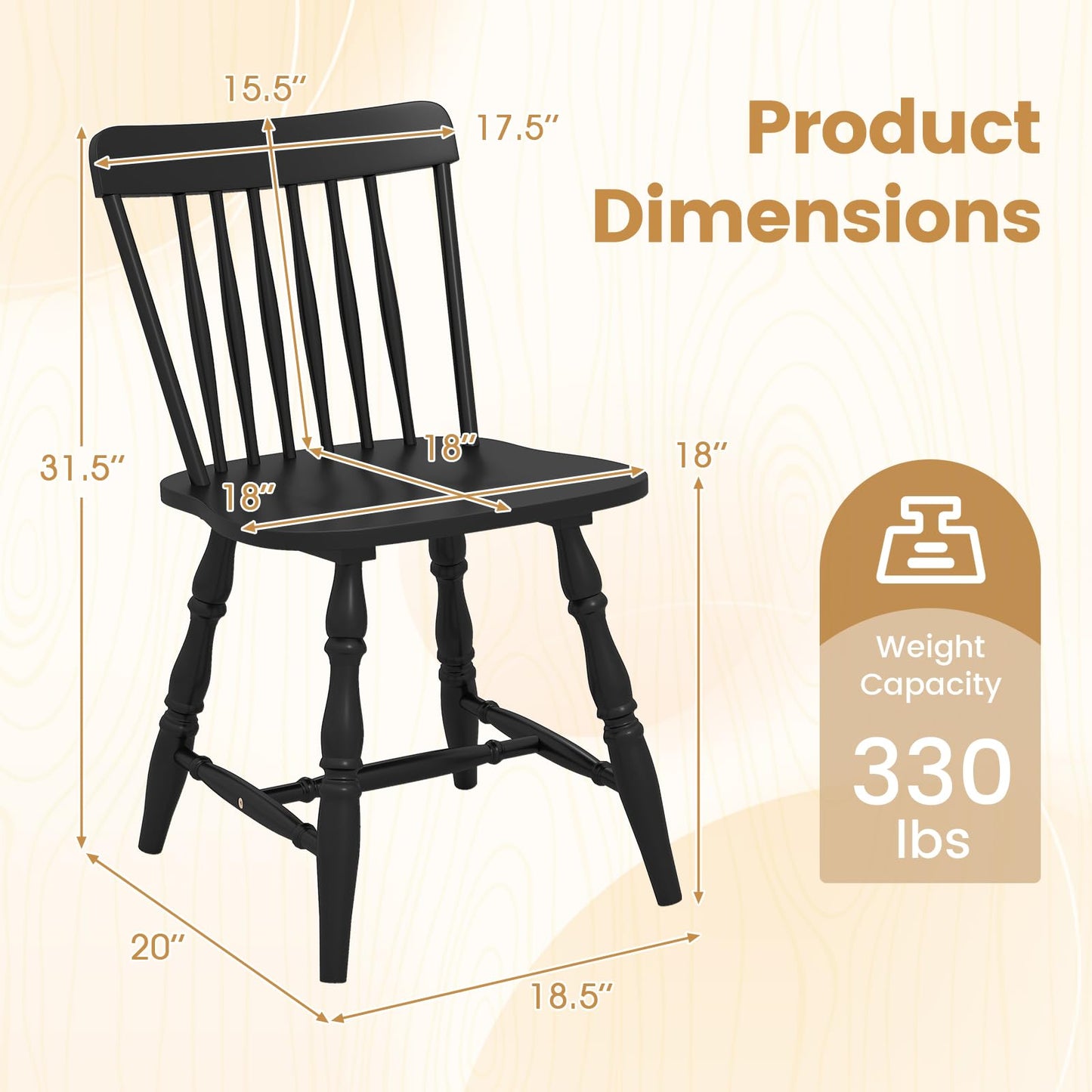 Giantex Black Windsor Dining Chairs Set of 2, Farmhouse Rubber Wood Kitchen Chairs with Turned Legs, Curved Spindle Back & Contoured Sat, Wooden Dining Room Chair for Living Room Restaurant