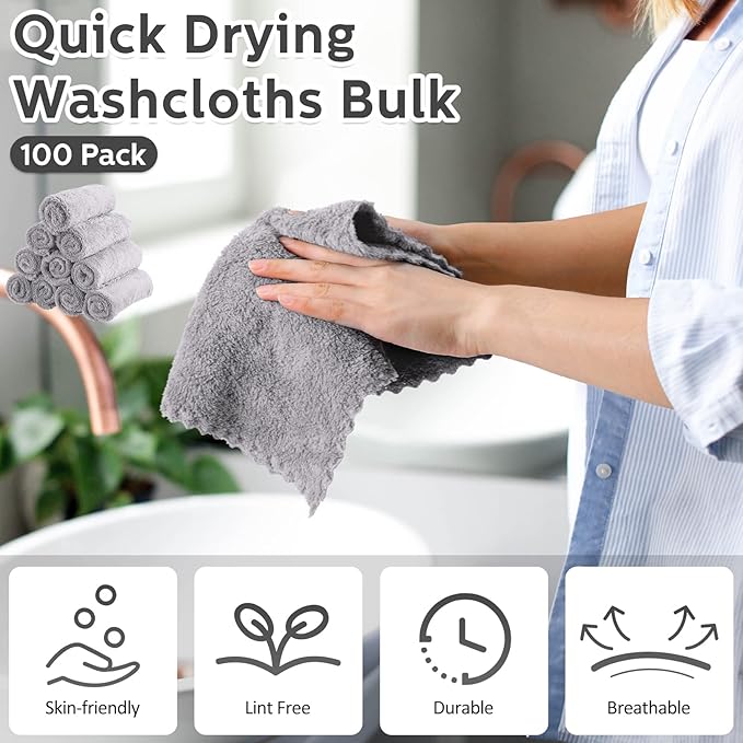 Newwiee 100 Pcs Washcloths Bulk Quick Drying Bathroom Wash Clothes 12 x 12 Inch