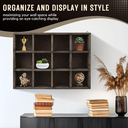 Flexzion Trinket Shelf Shadow Box with Shelves - 12-Compartment Rustic Wood Cubby Wall Shelf for Collectibles, Knick Knacks, Shot Glass Display, Wall Mounted or Freestanding with D-Ring Mounting Tabs
