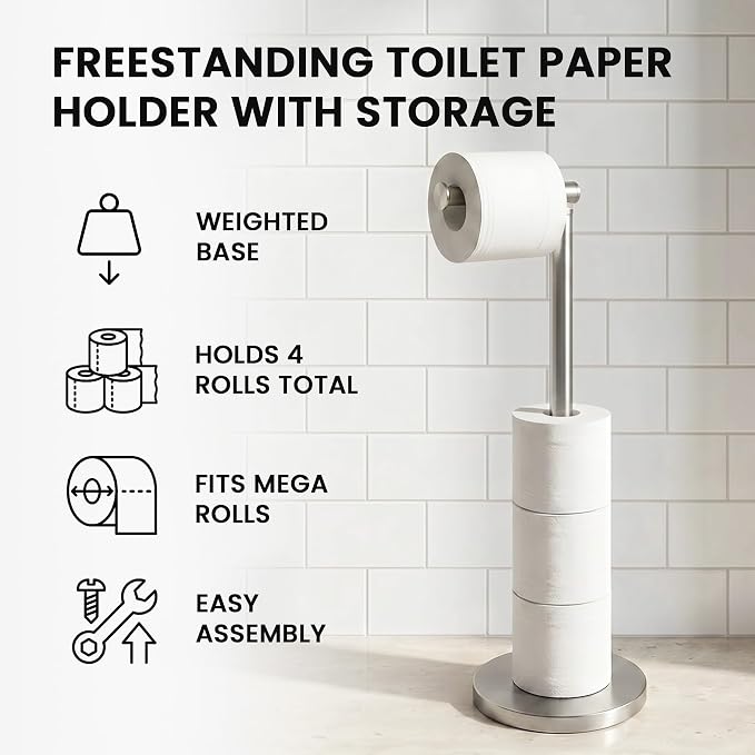 Cesun Extra Weighted Base Toilet Paper Holder Stand - SUS304 Rust Proof Free Standing Tissue Roll Holder for 4 Rolls, No Tipping, No Slipping, Brushed Nickel