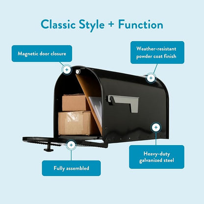 Architectural Mailboxes Edwards Post Mount Mailbox, Black, Large | Galvanized steel build for outside with rust-resistant powder-coat finish and a magnetic door closure. USPS approved.