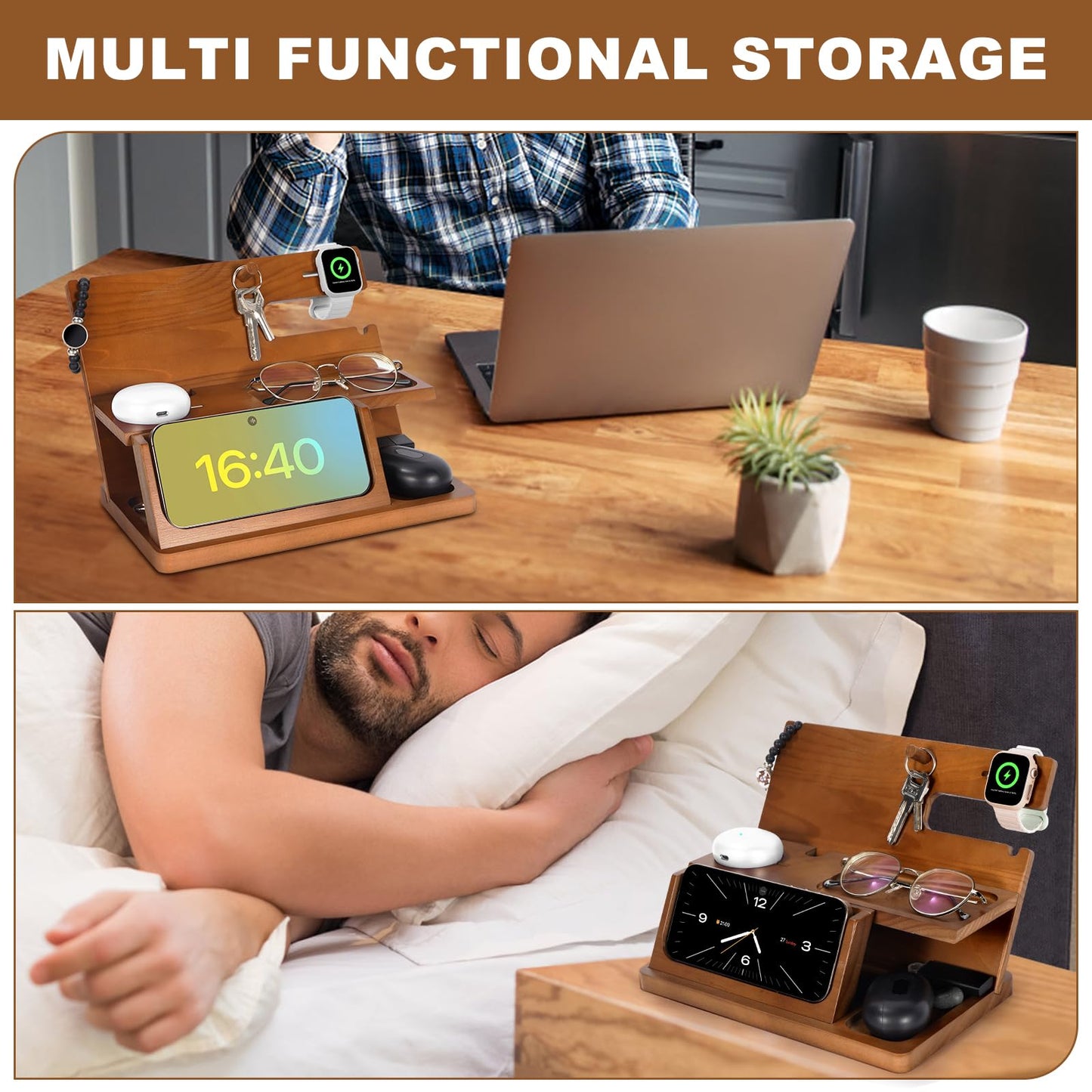 Gifts for Men 3-in-1 Charging Stand Compatible with iPhone 16 Charger Station, Nightstand Organizer Wood, Fathers Day Perfect for Dad Husband Boyfriend Son, for iPhone 16/15/14/13/12 Max Plus, Watch