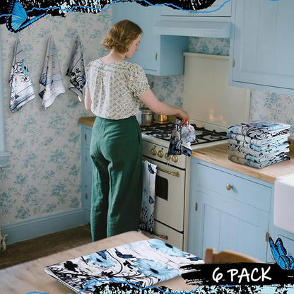 Breling Set of 6 Blue Daisy Kitchen Towel Vintage Themed Dish Towel Bathroom