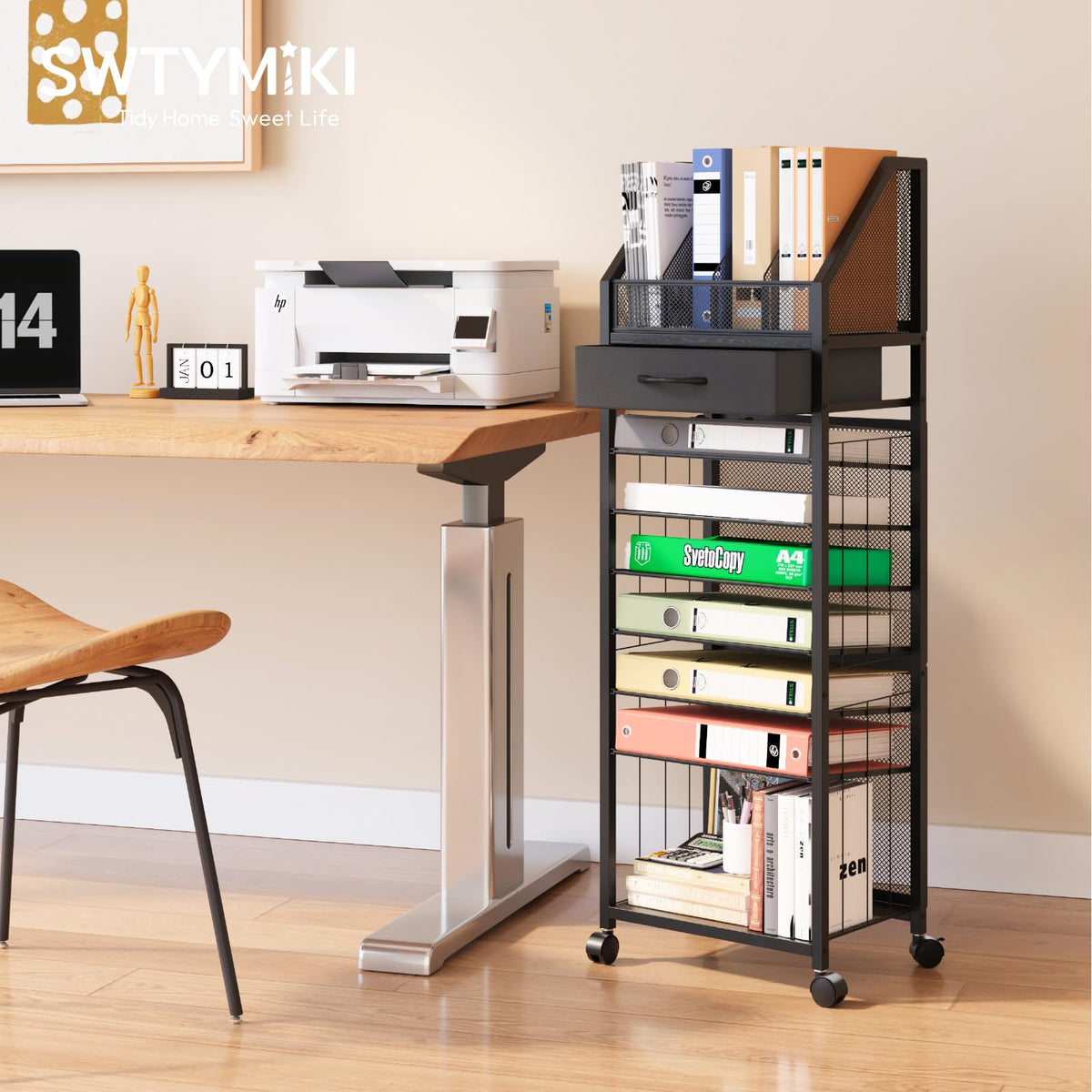 SWTYMIKI 9-Tier Rolling File Cart - Paper Organizer with Drawer and Trays, Wood Desk Office Organizer, Office Organization and Binder Storage for Workspace, Home, School, Black