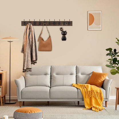 IBosins Wall Mounted Coat Rack,Vintage Wood Coat Rack, 34" Long with 10 Black Double Hooks Rail for Entryways, Bathrooms, Living Rooms to Hang Coat, Scarve, Hat,Key, Bag