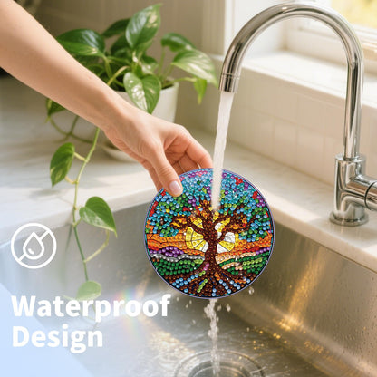 PERFECTSIGHT 6 Pcs DIY Diamond Art Painting Coasters with Holder, Cute Diamond Paint Coaster Kits for Adults, Kawaii Full Drill Diamond Art Craft, Paint by Number Non Slip Coaster - Multicolor Tree