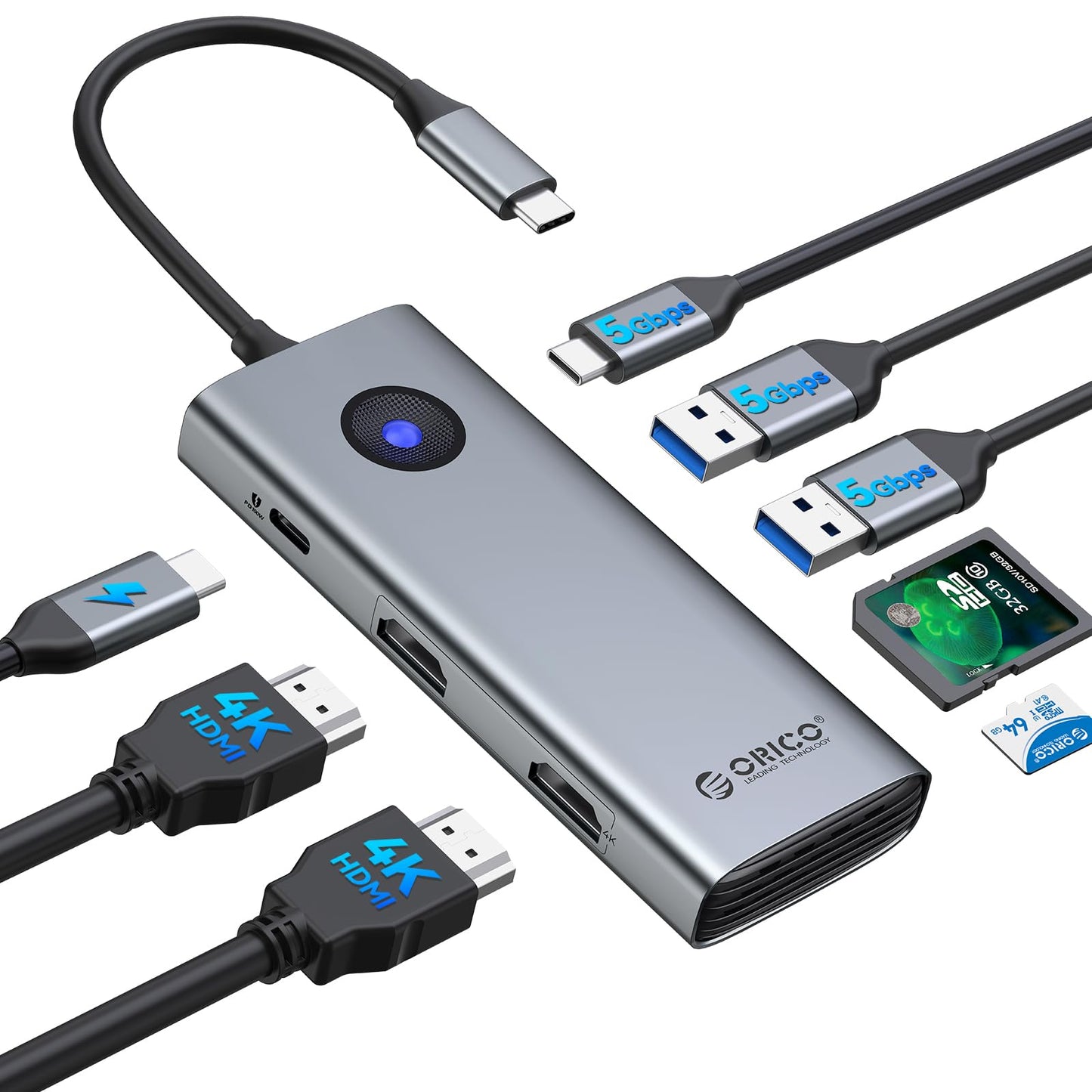 ORICO USB C Docking Station Dual Monitor, 8-in-1 Laptop Docking Station with 2 HDMI 4K@60Hz, 100W PD, USB-A&C 3.0, SD/TF, USB C Dock Compatible with MackBook/Dell XPS/HP/Surface