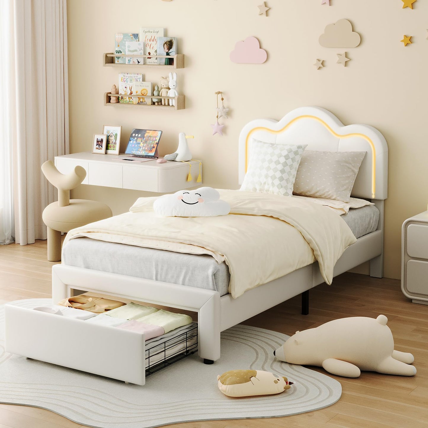 GarveeHome Twin Upholstered LED Bed Frame with Headboard and Storage Drawer, PU Leather Princess Platform Bed Frame for Kids, Wooden Slats Support, No Box Spring Needed (Cream)