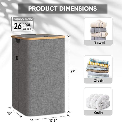 BALEINE Laundry Hamper with Lid, Tall Laundry Baskets with Bamboo Pull Handles
