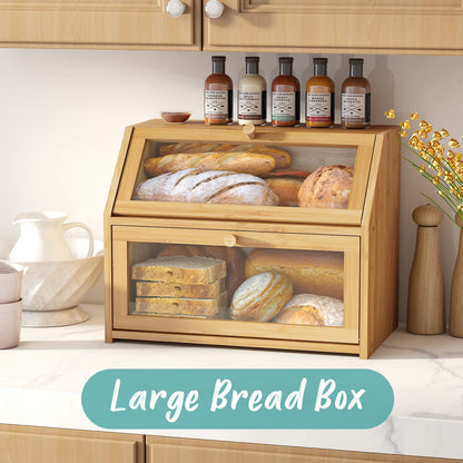 Vriccc Large Bread Box,Bamboo Wood for Kitchen Counter, Corner Bread Box, Large Capacity Bread Storage Bin