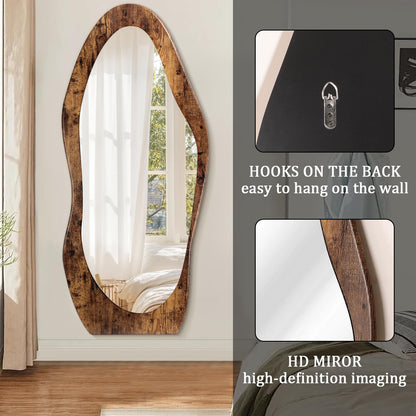 FEUFOAM Full Length Mirror 59" x 24" Irregular Wall Mirrors Wood Framed Full Body Mirror Hanging or Leaning Against Wavy Floor Mirrors for Living Room Bedroom Entryway Bathroom Retro Brown