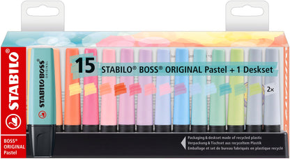 STABILO - BOSS ORIGINAL Pastel - Highlighter - Deskset of 15 - with 14 Pastel colors