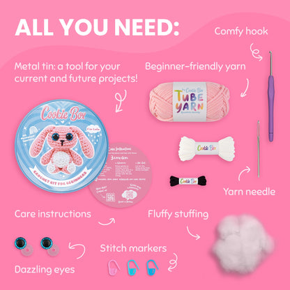 Cookie Box Original Crochet Kit for Beginners – Gift Set to Make Bunny Lola Amigurumi Plushie – Easy DIY Crochet & Knitting Starter Kit with Video and PDF Tutorials