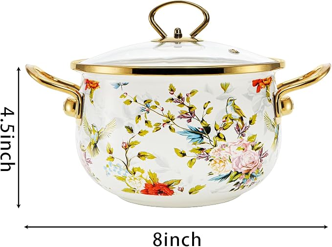 SOUJOY 2.8 Quart Enamel Stockpot with Glass Lid, Vintage Floral Soup Pot, Non-Stick Bean Stew Simmer Pot with Handle for Kitchen, Induction & Gas Stove Safe, Mother's Day, Wedding, Christmas Gift