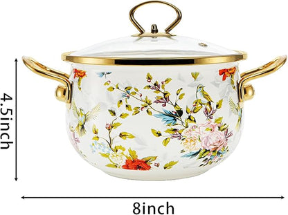 SOUJOY 2.8 Quart Enamel Stockpot with Glass Lid, Vintage Floral Soup Pot, Non-Stick Bean Stew Simmer Pot with Handle for Kitchen, Induction & Gas Stove Safe, Mother's Day, Wedding, Christmas Gift