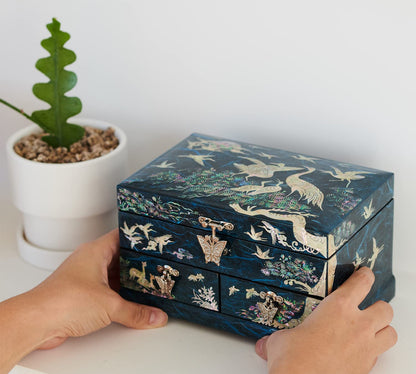 MADDesign Mother of Pearl Lacquered Jewelry Box Two Level Cranes Blue