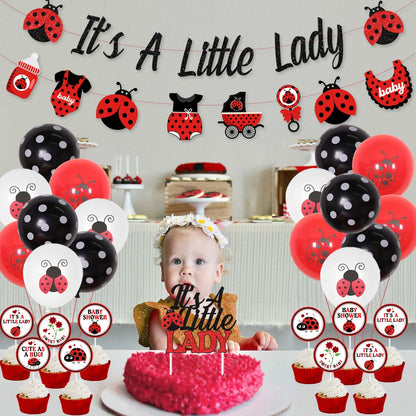 Cheereveal Ladybug Baby Shower Decorations It’s A Little Lady Banner Cake Topper Balloons for Ladybird Birthday Party Supplies