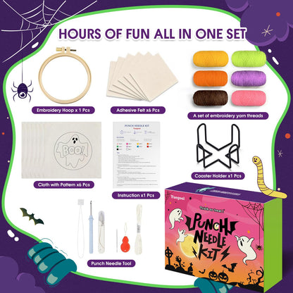 yuegool 6PCS Enchanted Oddities Punch Needle Coasters Kit – Easy DIY Embroidery Kit for Beginners, Adults Includes Patterns, Tools, Yarns, Hoop, Instructions, Coaster Holder