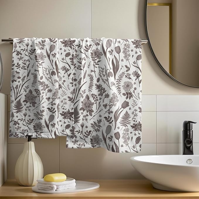 Spring Floral Hand Towels for Bathroom Set of 2 Dark Brown White Flower Leaves