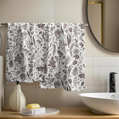 Spring Floral Hand Towels for Bathroom Set of 2 Dark Brown White Flower Leaves