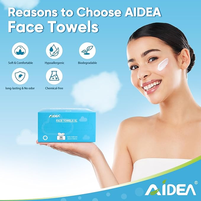 AIDEA XL Face Towels Disposable 50Ct, Clean Facial Cloths, Facial Cleansing