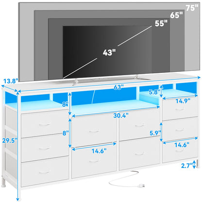 Garvee Dresser for Bedroom with LED Lights & Power Outlets, 63 Inch TV Stand Dressers for Bedroom with 10 Fabric Drawers, Entertainment Center with Open Storage Shelves for Entryway, White