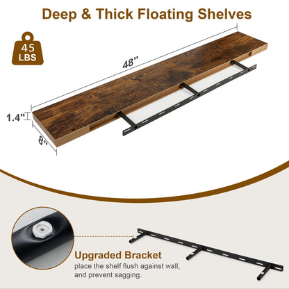 Fun Memories Floating Shelves, 8 Inch Deep Floating Shelves, Rustic Wood Fireplace Mantel 48 in Long, 48 x 8 Floating Wall Shelves for Living Room, Kitchen, Bedroom, Rustic Brown, 1 Pack