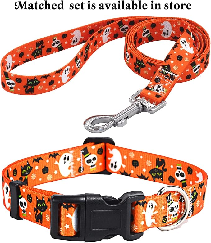 Mihqy Halloween Dog Collar - Pumpkin Bat Ghost Pattern - Adjustable for Small Medium Large Dogs(Halloween,M)