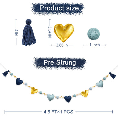 Dusty Blue Gold Heart Decorations Handmade Pre-Strung Felt Heart Banner Wool Felt Ball Wooden Bead Garland for Birthday Baby Shower Anniversary Valentines Day Nursery Classroom Fireplace Home Decor
