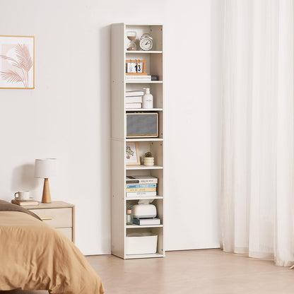 VEVOR 8 Tiers Narrow Bookshelf, 71 in Wooden Tall Open Bookcase with Height-Adjustable Shelf, Freestanding Display Storage Floor Bookcase Bookshelf for Library, Bedroom, Living Room, Office, White