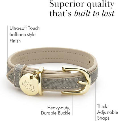 Nina Woof London Vegan Leather Dog Collar - Luxury Cute Dog Collar Adjustable Buckle Collar for Dogs, Dog Collar for Small Dogs to Dog Collar for Large Dogs - Padded Grey Over Beige, Medium
