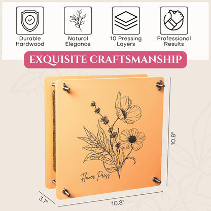 Wooden Flower Press - Durable Bolt Lock Design Complete Pressing Kit w/White Absorbent Sheets, Ebook Guide & More - 10 Layers for Drying & Preserving Flowers - Ideal Craft Gift for Nature Lovers