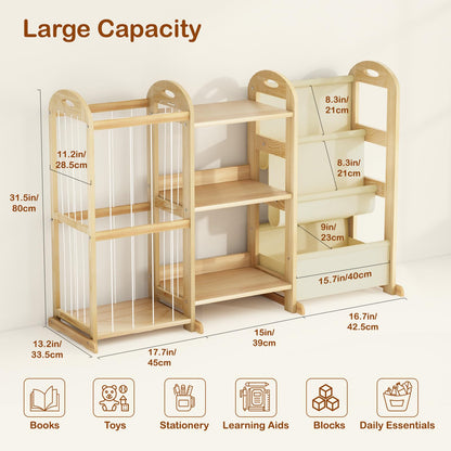 Orekemo Kids Bookshelf and Toy Storage Organizer, 3-Tier Book Shelf with Stuffed Animal Storage, Kids Toy Book Storage for Bedroom Playroom, Wooden Toy Organizer with 3 Shelves, 49.4" W
