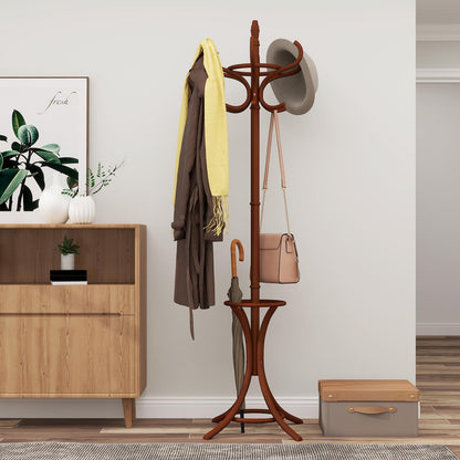 GOFLAME 73" Coat Rack Freestanding, Wooden Coat Tree with 12 Hooks and Umbrella Stand, Entryway Hall Tree, Hat Hanger Organizer, Coat Rack Stand for Coats, Hats, Scarves, Easy Assembly, Reddish Brown
