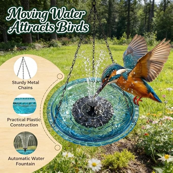 Hanging Solar Bird Bath Fountain with Water Pump, Plastic Basin, 4 Nozzles, Sturdy Metal Chains, Outdoor Garden Decor (Cannot Spray Water, Pink)