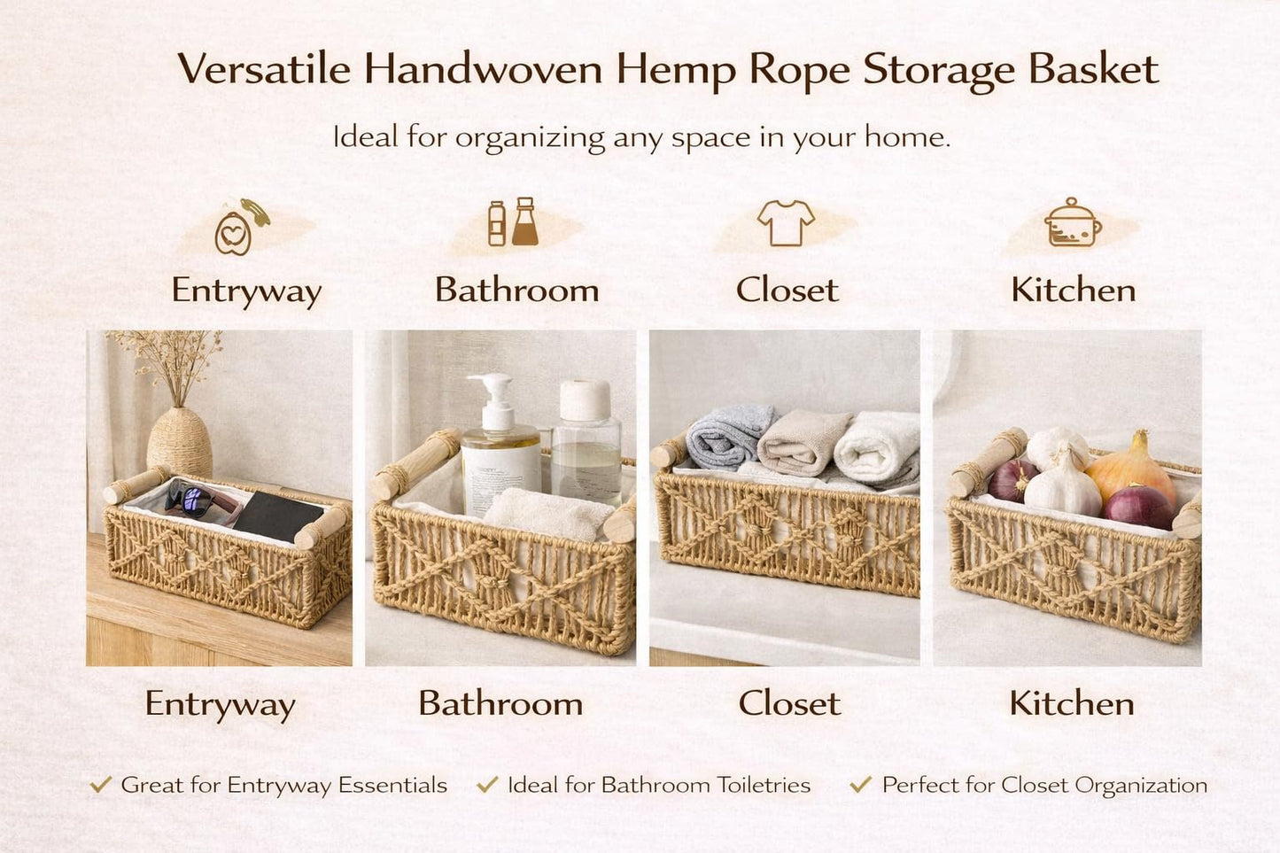 SDFUMAO Handwoven Jute Rope Storage Basket with Paulownia Wood Handles, Rectangular Decorative Organizer Bin with Removable Fabric Liner for Shelves, Countertops & Home Organization