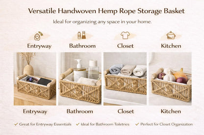 SDFUMAO Handwoven Jute Rope Storage Basket with Paulownia Wood Handles, Rectangular Decorative Organizer Bin with Removable Fabric Liner for Shelves, Countertops & Home Organization